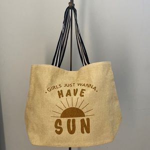 NEW. Wit Large Straw Tote Bag.  “Girls just want to have Sun” ☀️ 🌞 🏖️